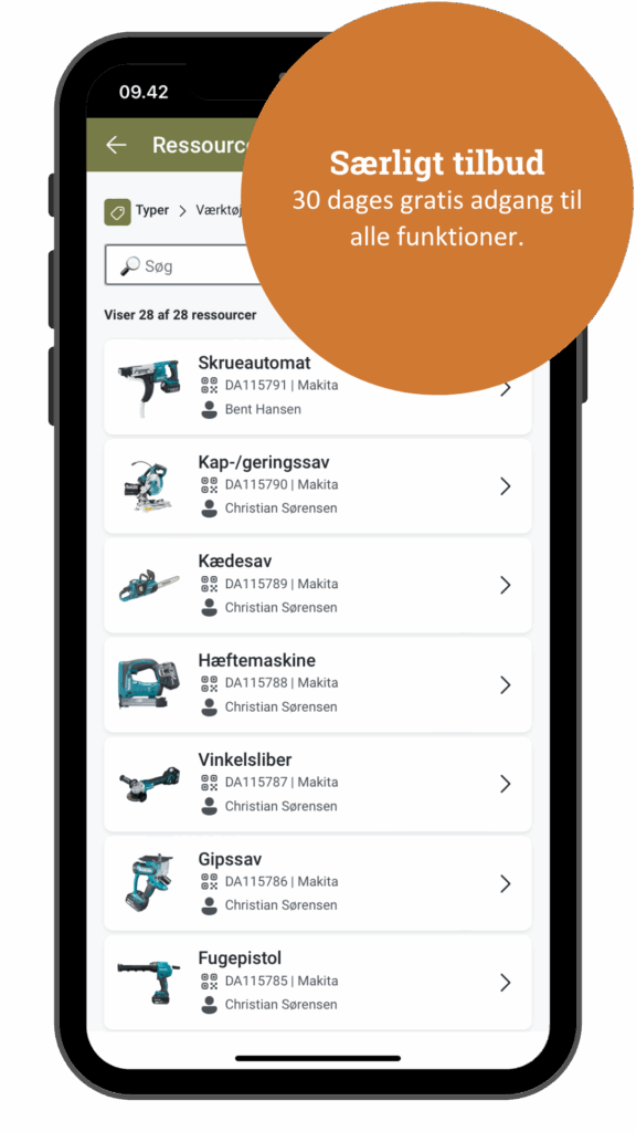 Telefon med ressourseliste